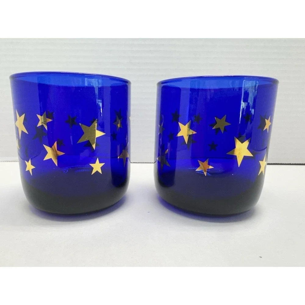 Vtg Cobalt Blue Celestial Gold Stars Lowball Glasses Set Of 2 Libbey